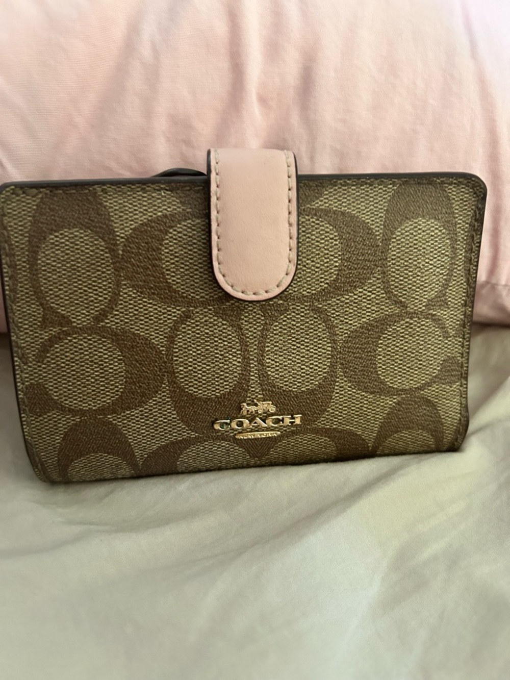 Coach Brown Signature Canvas Wallet with Pink Snap